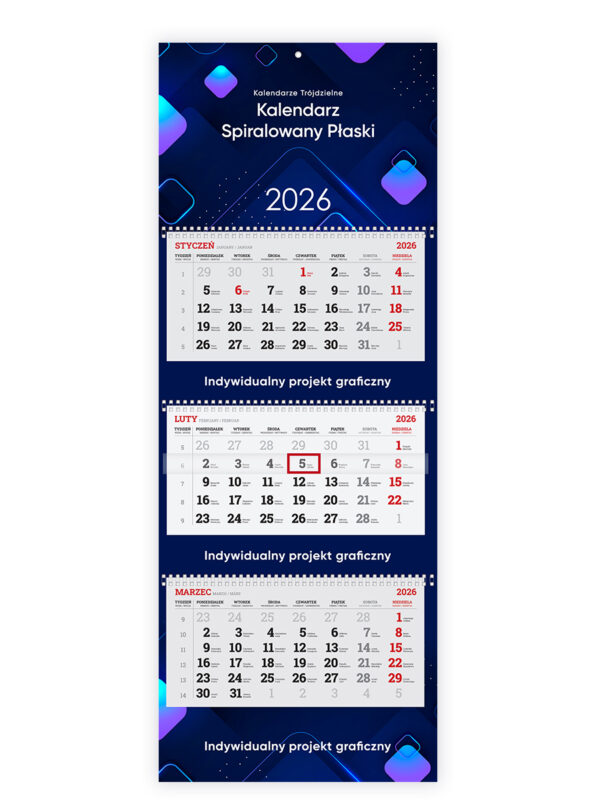 Kalendarz Trójdzielny Spiralowany Płaski